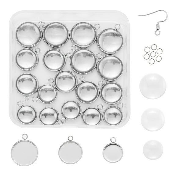 DIY Earrings Making Kits Including 12pcs Flat Round 304 Stainless Steel Pendant Cabochon Settings 30pcs Dome Transparent Glass Cabochons 304 Stainless Steel Earring Hooks & Jump Rings Glass Cabochons