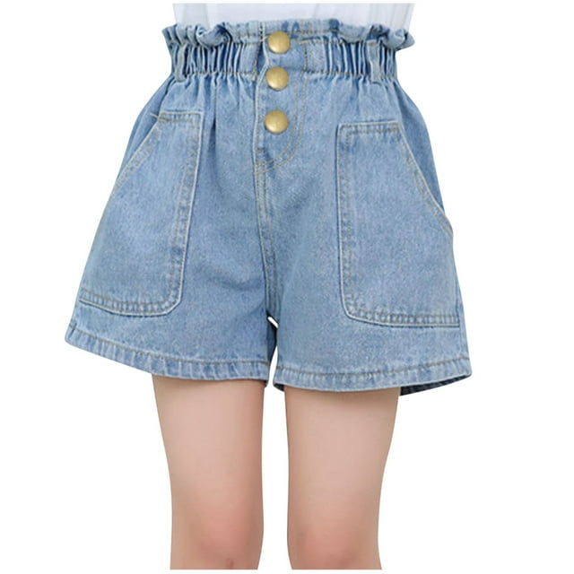 Zpanxa Girls Summer Casual Denim Shorts Elastic High Waist Button Closure Pearl Decor Pocket Lace Ruffle Hem 2 Years