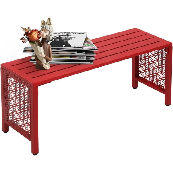 40in Outdoor Metal Bench, All-Weathe Backless Patio Bench with Slatted Seat&Floral Side Panels, Rust-Resistant Garden Bench, Weatherproof Outdoor Seating for Porch Entryway Backyard (Red)