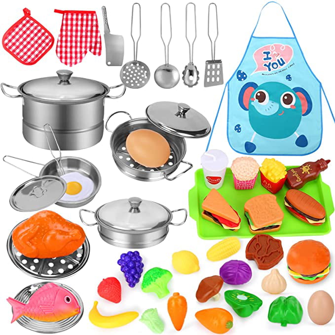 Kid Stainless steel Cookware Kitchen Cooking Set Pots & Pans Toy for Children US 