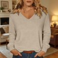 thumbnail image 2 of LNZGNM Sweaters for Women Long Sleeve V-neck Ribbed Oversized Lightweight Cozy with Stretch Sweater Fall Outing Comfort,Khaki(L), 2 of 9