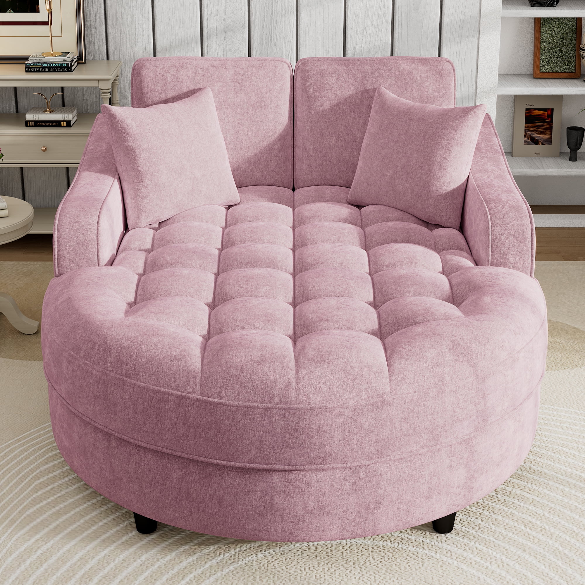 Euroco Oversized Round Chenille Chaise Lounge with Tufted Seat, Removable Pillows & High-Density Cushion – Modern Upholstered Lounge Chair for Bedroom or Living Room
