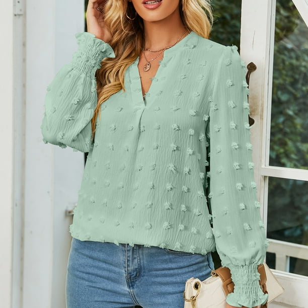Camisas de manga larga con cuello en V para mujer blusas holgadas con diseno de lunares y punos fruncidos a la moda de otono Tops verde claro L Bodega Aurrera en