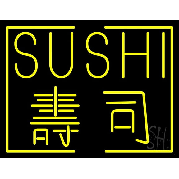 Yellow Sushi LED Neon Sign 24 x 31 - inches, Black Square Cut Acrylic Backing, with Dimmer - Bright and Premium built indoor LED Neon Sign for restaurant window and interior decor.