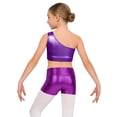 thumbnail image 2 of TSSOE Kids Girls 2-Piece Dance Outfits Hip Hop Jazz Cheer Dance Suits Shiny One Shoulder Crop Top and Booty Short Set Purple 10, 2 of 5