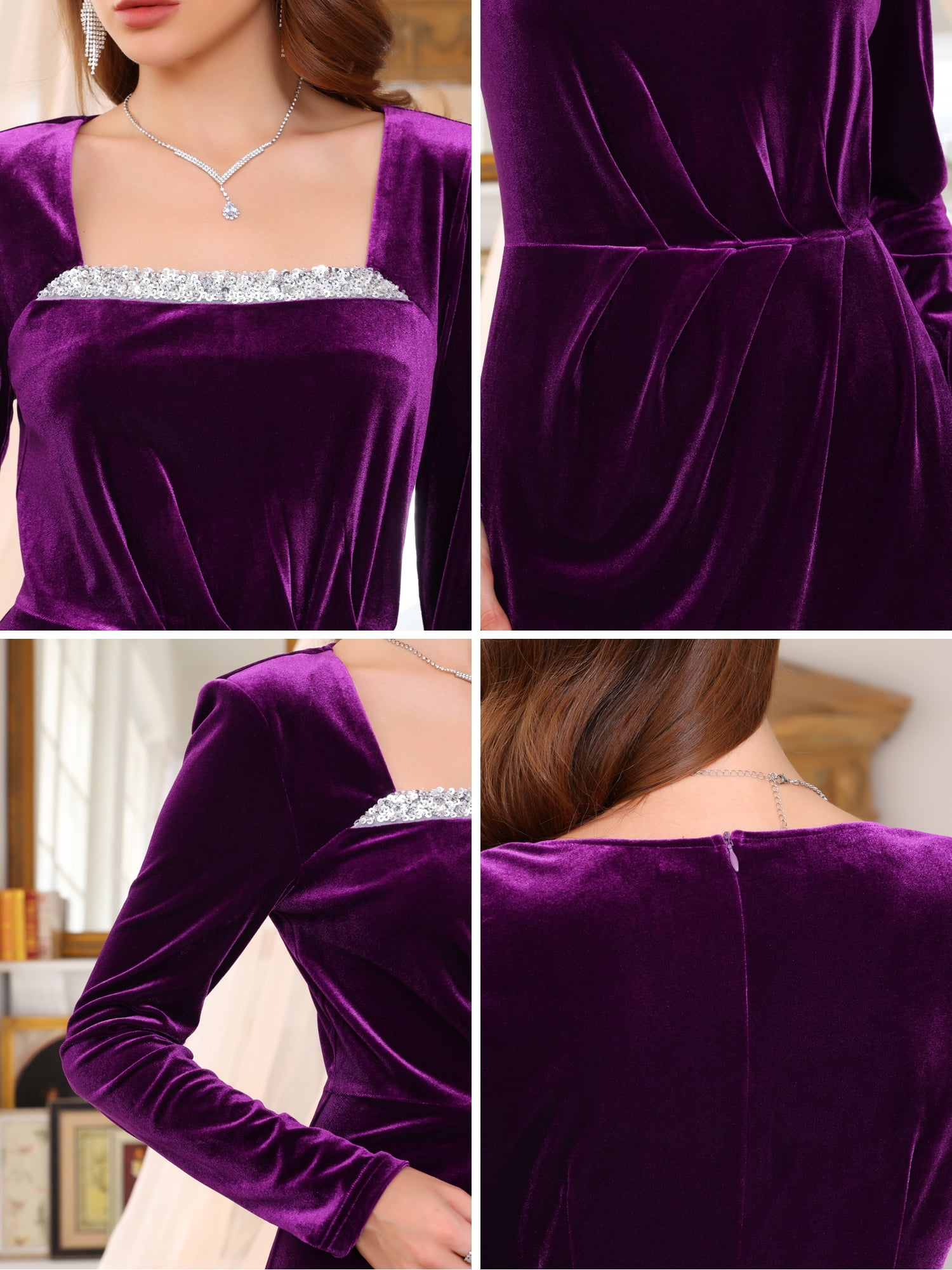 DARING DIVA Women's Formal Ruched Sequin Neck Cocktail Velvet Dress L Purple