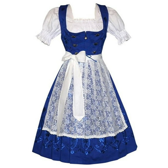 Dirndl Trachten Haus 3 Piece Long German Oktoberfest Dirndl Cotton Dress for Womens and Girls - Blue
