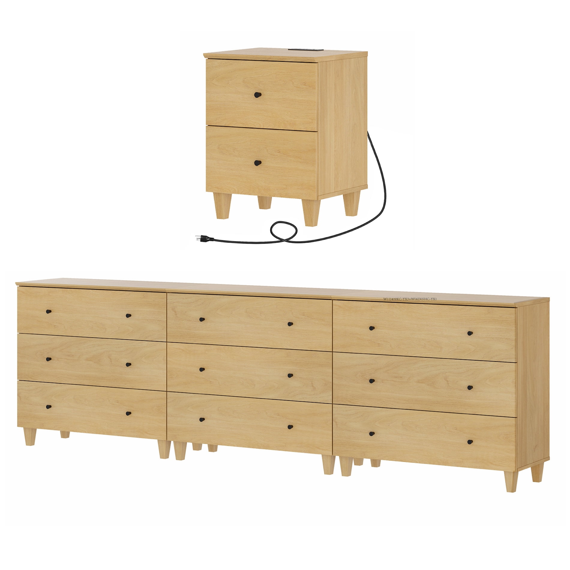 WAMPAT Dresser and Nightstand Set of 4, Wood Dressers with 9 Drawers, Nightstand with Charging Stations for Living Room, Oak Wood