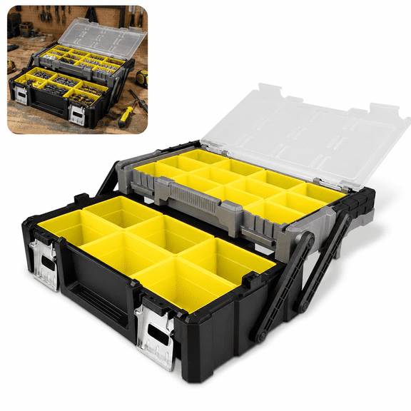 18 Inch Portable Cantilever Tool Box Organizer with Removable Compartments, Plastic Hardware Storage Box with Transparent Lid, Metal Locks & Aluminum Handle for Screws, Nails, Nuts。