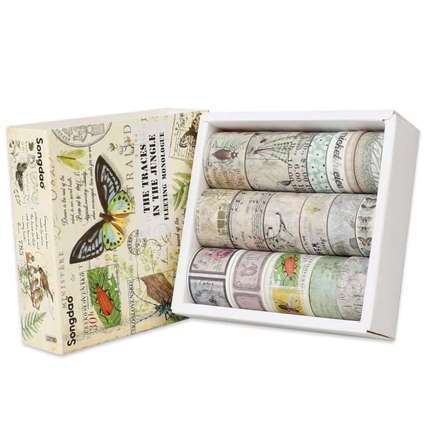 Juego de Cintas Washi Vintage, 20 Rollos Cinta Artesanal, Rollo Adhesiva Botánica, Mariposa Floral, Decorativa Grabable
