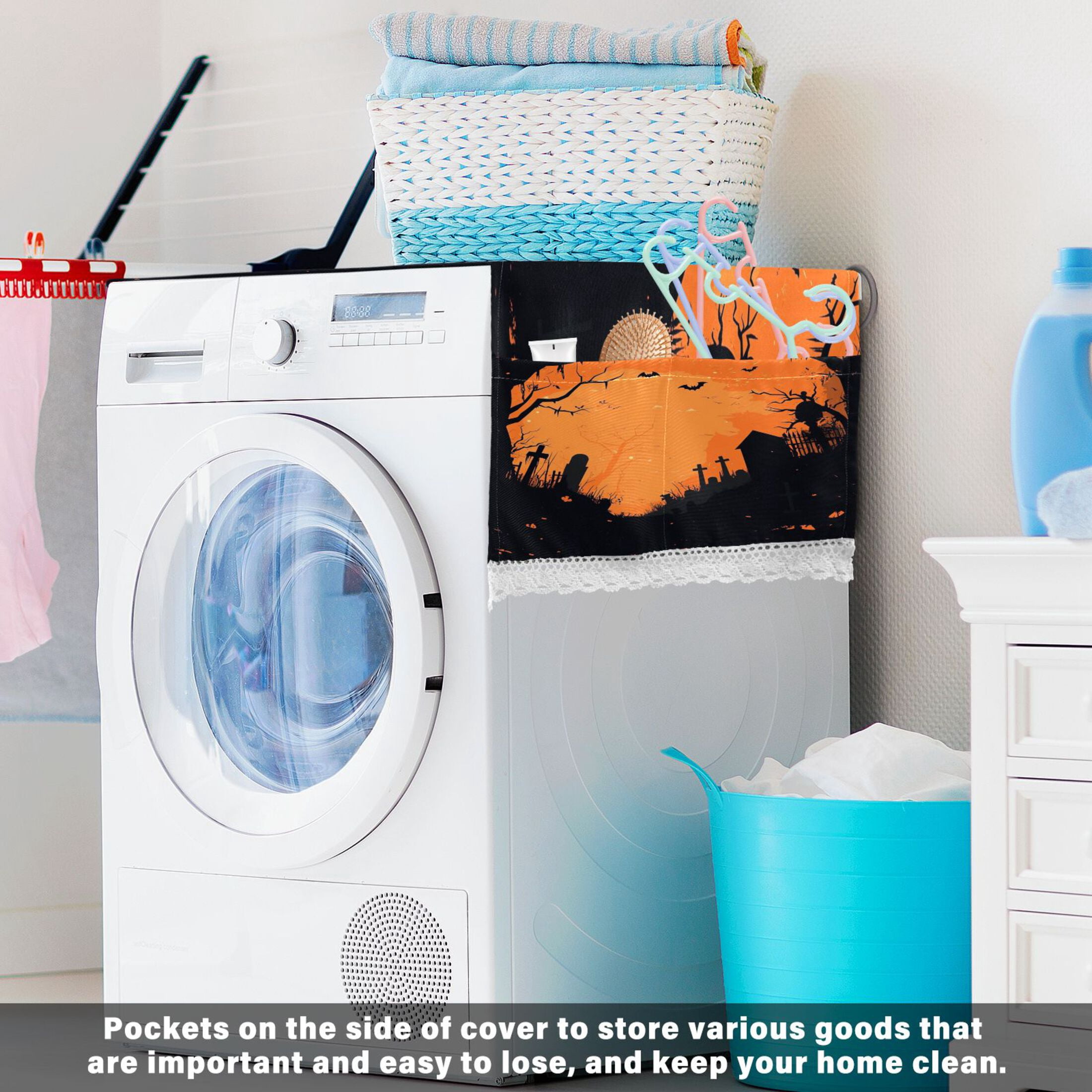 Halloween Background PatternWasher and Dryer Covers Dust-Proof and Oil Resistant Fridge Cover with 4 Storage Pockets Washing Machine Top Cover for Laundry Kitchen Home 51.2 x 22 In