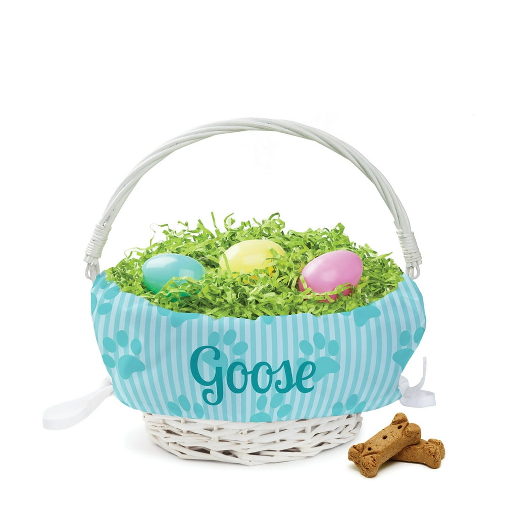 Personalized Pet Dog Easter Basket with Custom Name Printed on Blue Paw