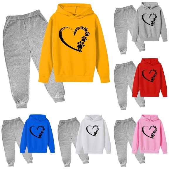 LIIPEE Autumn Winter Outfit Sets For Girls Heart Print Long Sleeve Oversized Pullover Hoodies Solid Color Sweatpants 2 Piece Set Kids Casual Comfortable Cute Outfits,5-6 Years