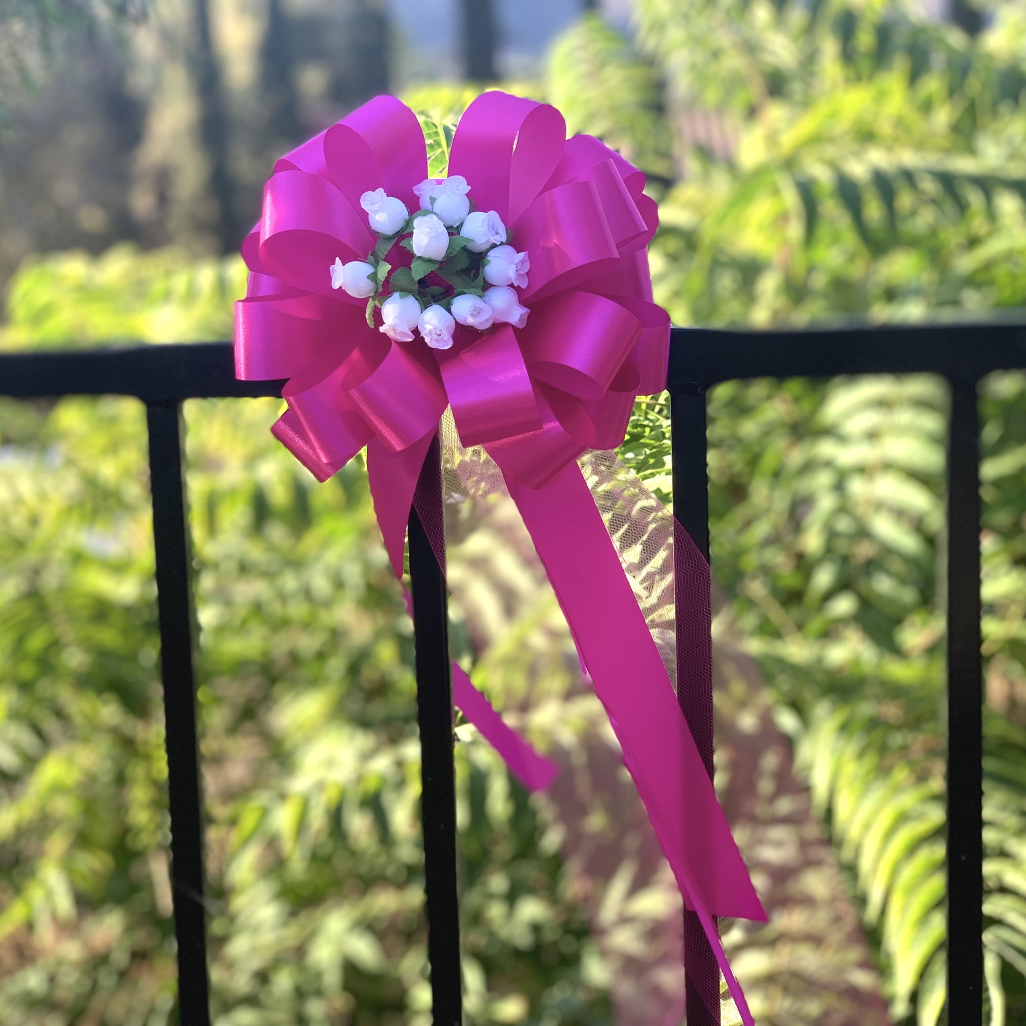 Fuchsia Pull Bows with Tulle Tails and White Rosebuds - 8" Wide, Set of 6, Valentine's Day, Breast Cancer Awareness, Wedding