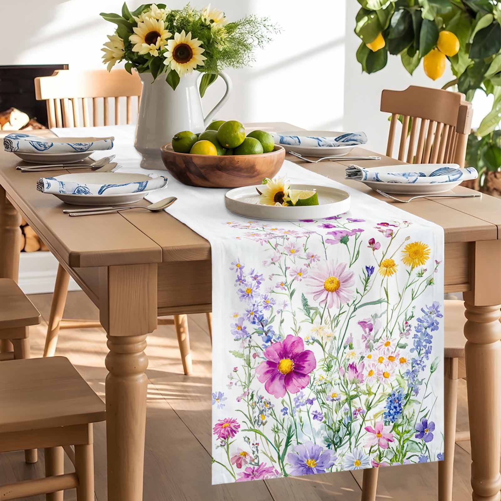 Flowers Spring Table Runner 90 Inches Long, Pastoral Pink Purple Floral Lavender Daisy Table Runners Tabletop Scarf Kitchen Dining Tables Decoration for Home Party Indoor Outdoor