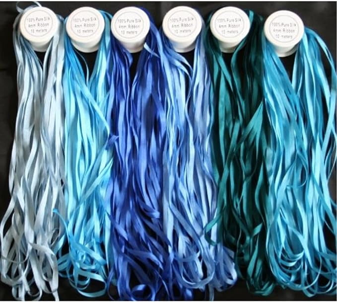 New ThreadNanny 6 Spools of 100% Pure Silk Ribbons - Blue Tones - 60 MTS x 4mm