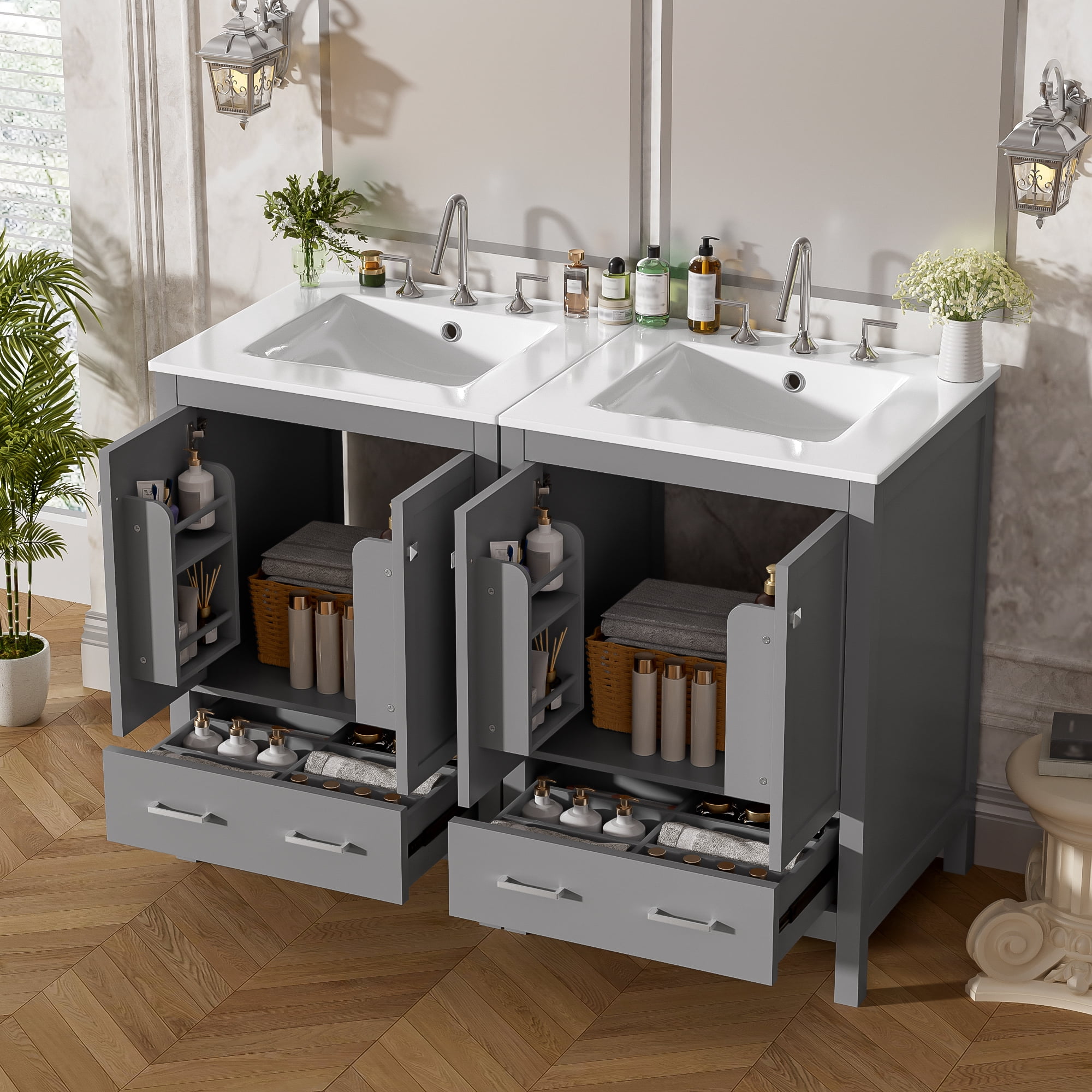 Euroco 48-Inch Bathroom Vanity with Integrated Undermount Sink, Storage Cabinet, Soft-Close Doors, Divided Drawer, and Double-Layer Door Shelf for Versatile Storage