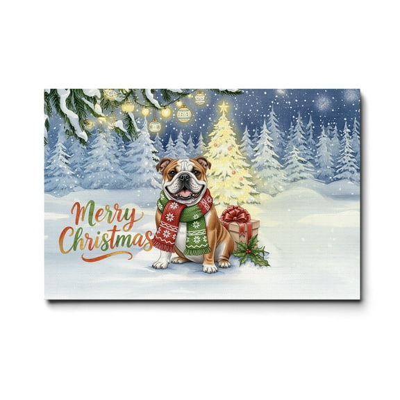 Merry Christmas Bulldog Snowy Winter with Gifts Tree Decorations Horizontal Matte Canvas Poster Dog Lover Gifts Idea Wall Art Home Decor - 12020