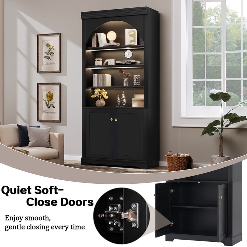 2-Door Wooden Display Bookshelf Office Hutch, Bookcase with 4-Layer LED Lighting Shelves, Storage Cabinet with Adjustable Shelf