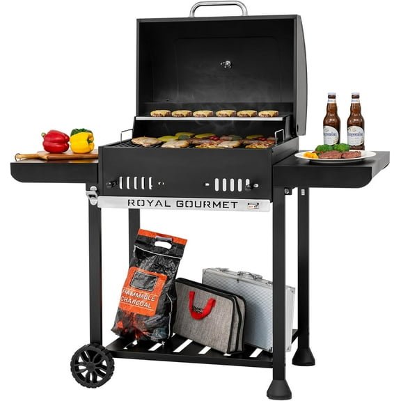 24-Inch Charcoal Grill with Foldable Side Tables, Movable BBQ Grill with 470 Sq. In. Cooking Area for Backyard, Patio and Parties, Black, CD1824EH-SC