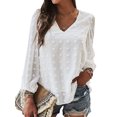 thumbnail image 1 of Women Pure Color Swiss Dot Long Sleeve V Neck Elastic Cuff Shirt, 1 of 7