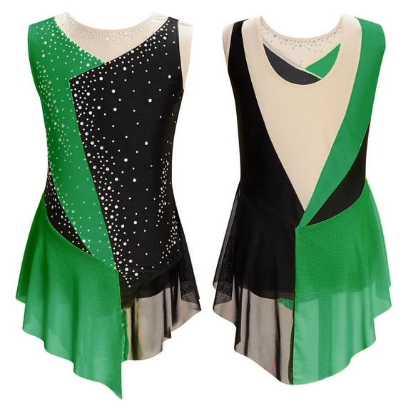 YONGHS Kids Girls Sleeveless Figure Ice Skating Dress Gymnastics Competition Leotard Costume Green 10