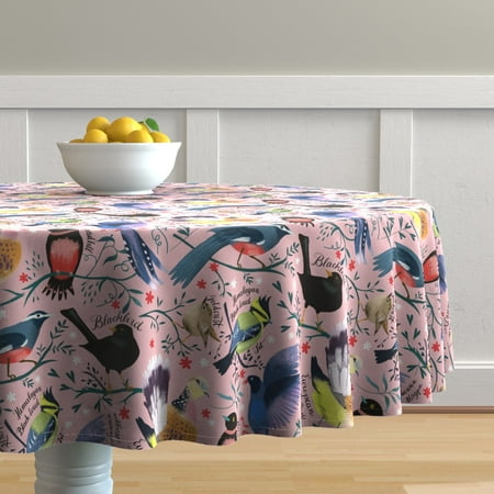 

Cotton Sateen Tablecloth 70 Round - Great Lettering Birding Species Nature Feathers Pink Bird Print Custom Table Linens by Spoonflower