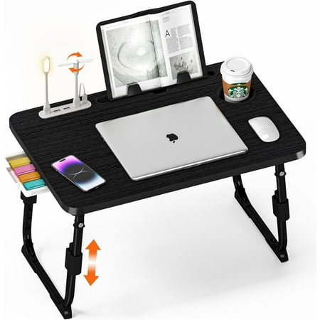 Laptop Desk for Bed Height Adjustable, Lap Bed Table with USB/Storage Drawer/Cup Holder/Tablet Stand/Book Shelf, Foldable Breakfast Tray Portable for Reading Writing, Bed, Sofa & Floor, Black