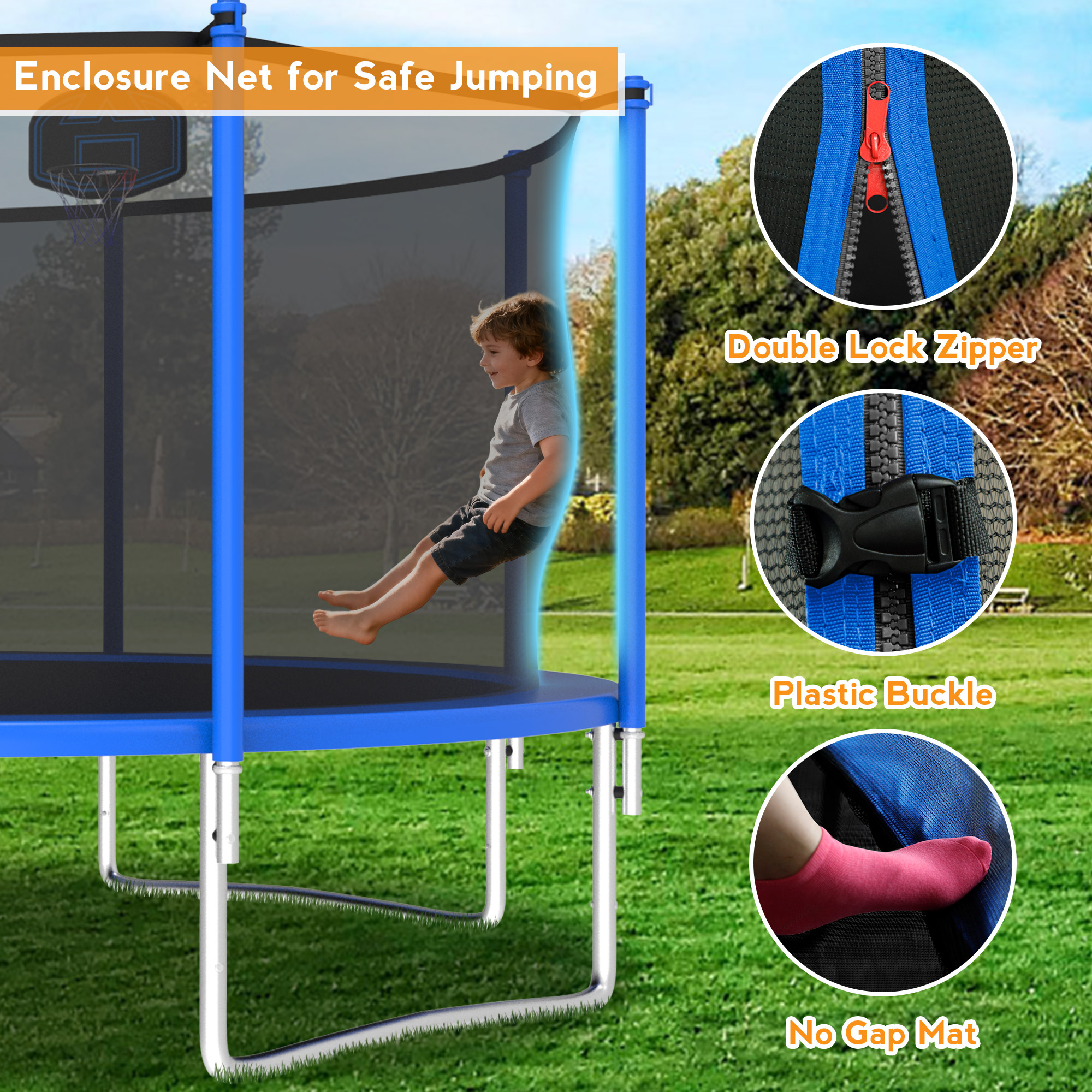 KOFUN 1000LBS 10FT Trampoline with Light, Heavy Duty Trampoline for Kids and Adults, Backyard Trampoline with Safety Enclosure Net, Basketball Hoop, 3 Anchor Kits, Ladder, A Ball, Blue