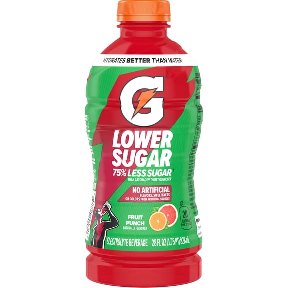 Gatorade Lower Sugar, No Artificials Fruit Punch Flavored Electrolyte Sports Drink, 28 fl oz, 75% Less Sugar, Hydration
