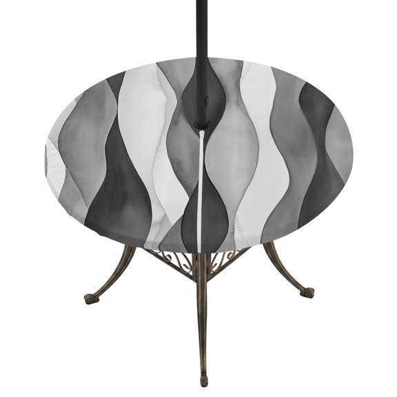 Round Outdoor Tablecloth with Umbrella Hole and Zipper, Gray Stripes Fitted Table Cover with Elastic Edge for 31-35 Inch, Vintage Farmhouse Greyish Ripple Pattern Waterproof Patio Tablecoths