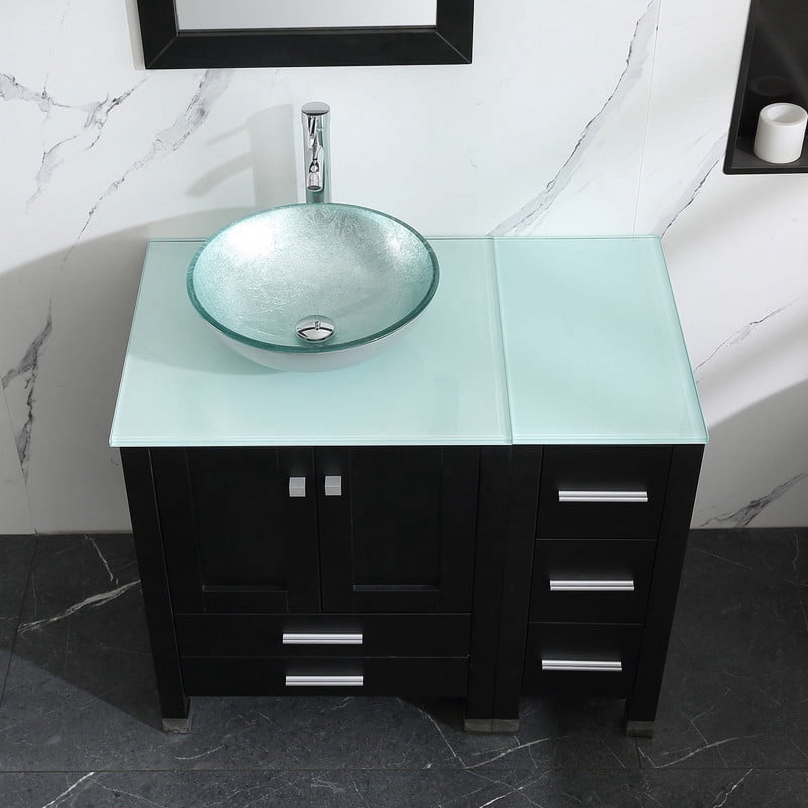 Walsport 36" Luxurious Bathroom Vanity and Sink Combo Cabinet with Silver Glass Vessel Sink and Faucet Pop Up Drain,Black