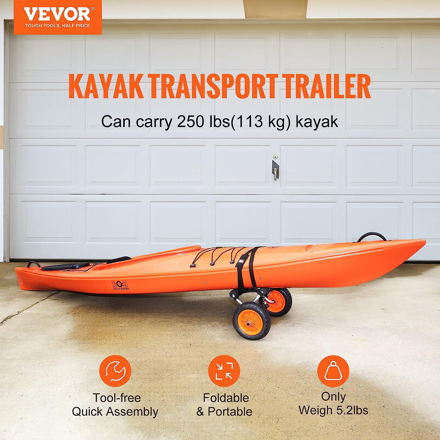 CHTER Kayak Cart, 250lbs Load Capacity, Foldable Kayak Dolly Aluminum Kayak Wheels with 10'' Solid Tires for Kayaks Carrier Canoes Paddleboard Kayak Trolley Float Mats Jon Boats