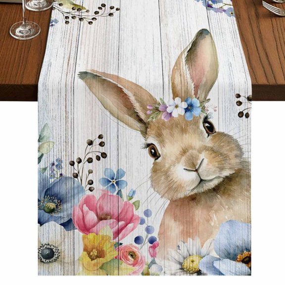 Table Runners 120 Inches Long Dress Scarves, Bunny Easter Farmhouse Coffee/Dining/Kitchen Table Runner for Living Room, Spring Floral Blue Eucalyptus Leaves Wooden 13x120 Inch