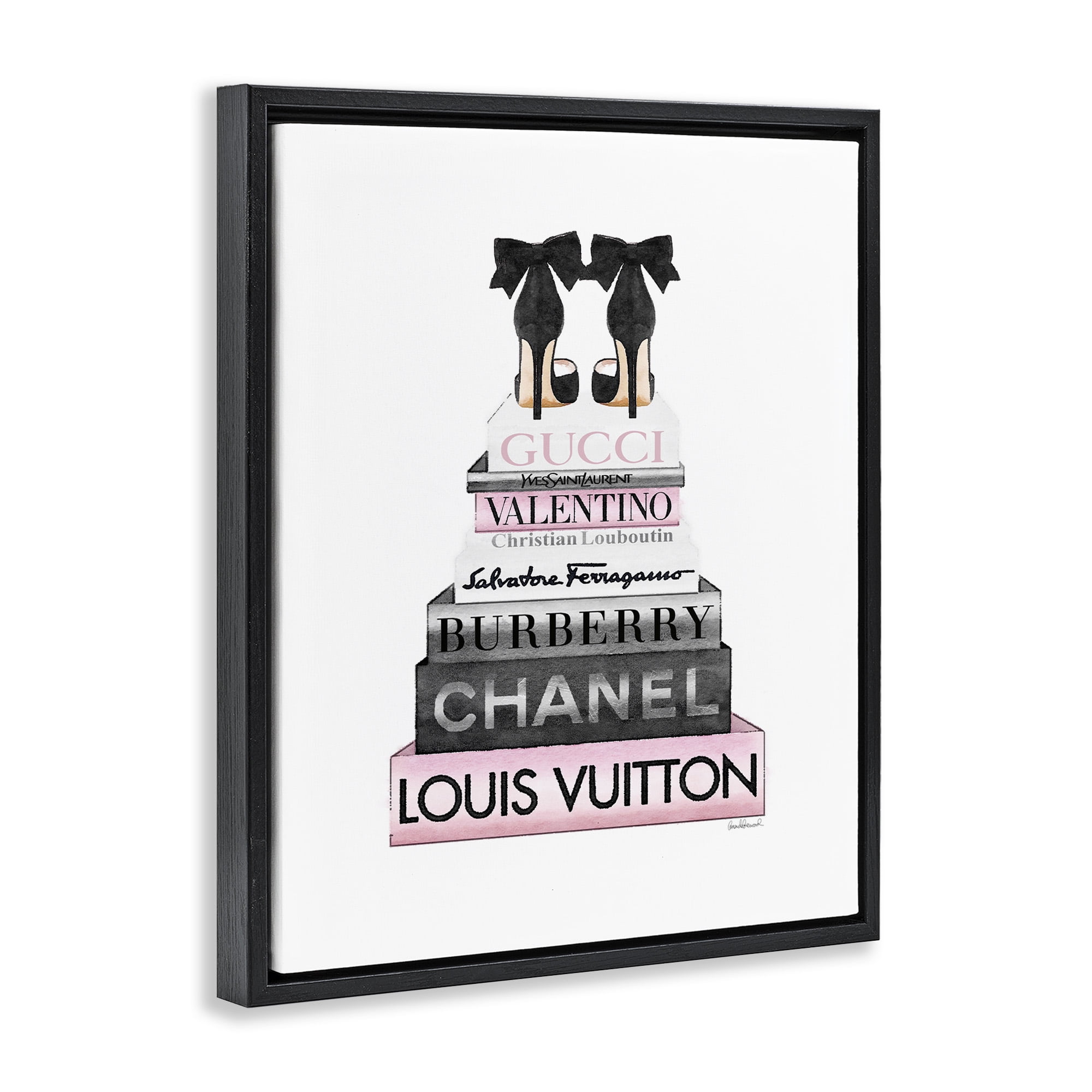 Stupell Industries Black Heels Pink Bookstack Beauty & Fashion Painting Black Floater Framed Canvas Art Print Wall Art, 25 x 31