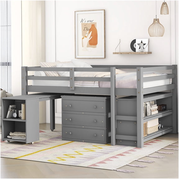 Low Profile Full Size Loft Bed with Built-in Desk, 3 Storage Drawers & Bookshelf, Space Saving Study Bed, Solid Wood Frame, Gray