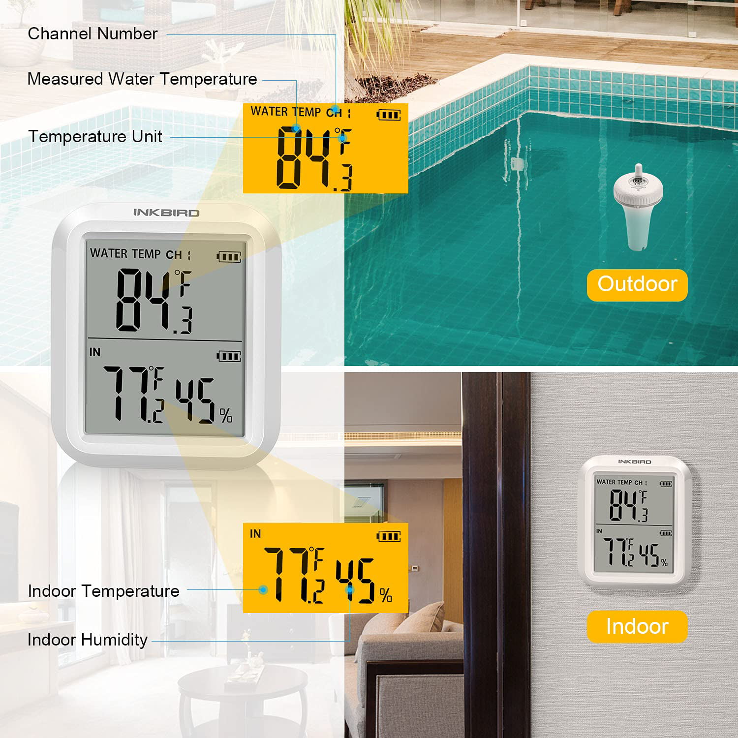 INKBIRD IBS-P02R Floating Wireless Thermometer Set with Indoor Temperature  Humidity Monitor, IPX7 Waterproof, for Swimming Pools, Hot Tubs, Small