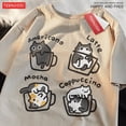 thumbnail image 2 of Camiseta holgada de manga corta de verano a la moda de algodón puro con café de gato para hombres y mujeres, camisetas originales de Mocha Latte Cats Three Flowers Fun Cat, 2 of 5