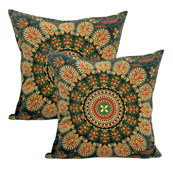Stylo Culture Ethnic Sofa Throw Pillow Covers 16 x 16 Peacock Eye Printed Dark Green Traditional 40cm x 40cm Home Decor Cotton Mandala Square Cushion Covers | Set Of 2