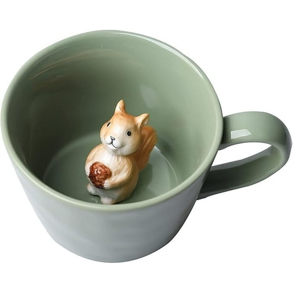 Cute 3D Squirrel Ceramic Mug - 12oz Sage Green Coffee Cup with Hidden Animal Surprise