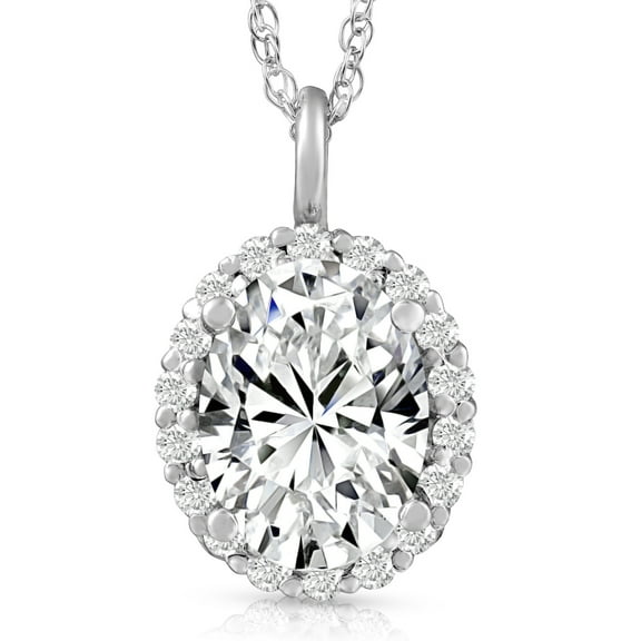 Pompeii 3 Ct Oval Moissanite & Lab Grown Diamond Halo Pendant 14k Gold Necklace (E/F,VS1)