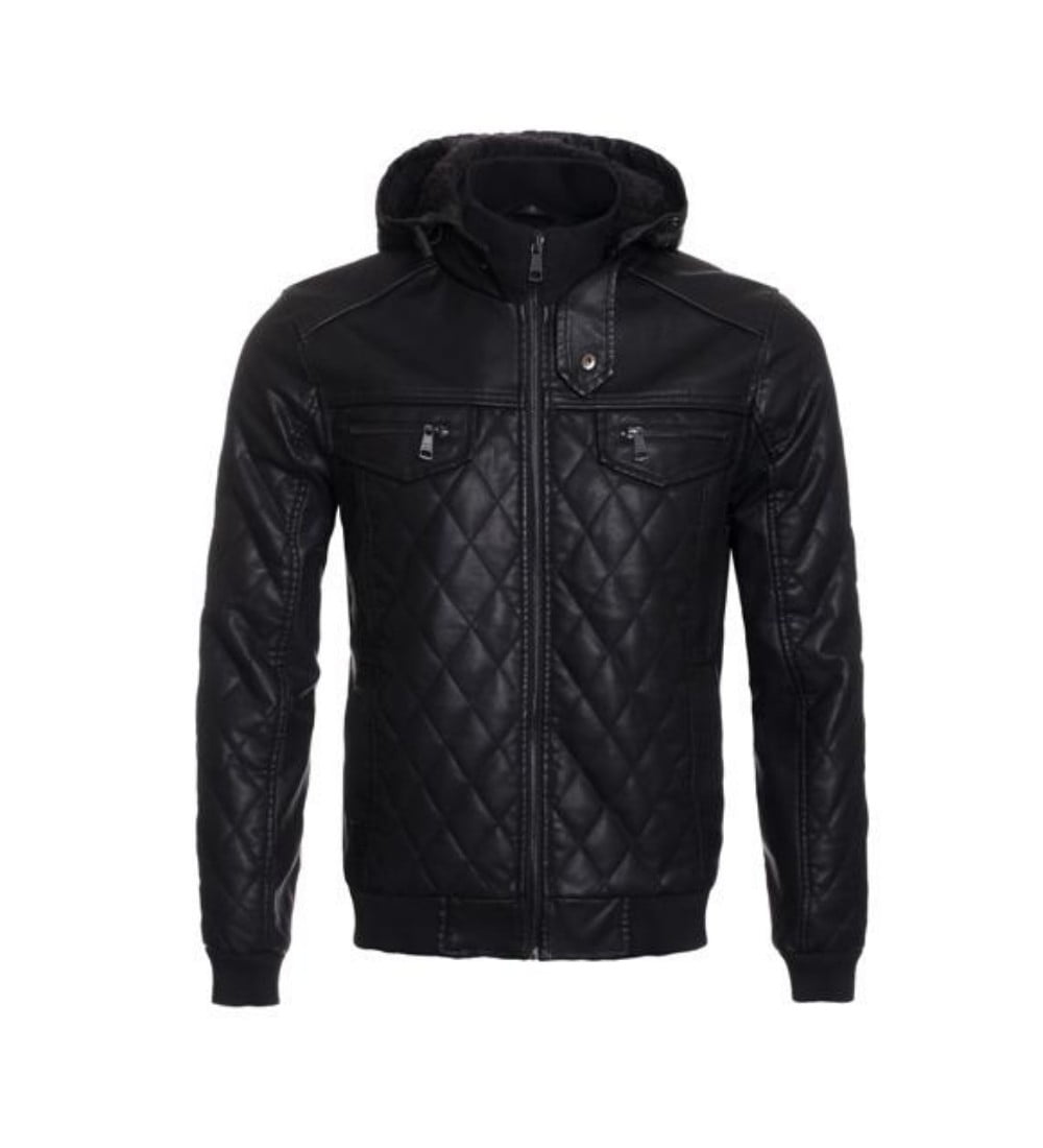 Hawks Bay Mens Faux Leather Quilted Jacket Faux Fur Inner Detachable Hood Black Large