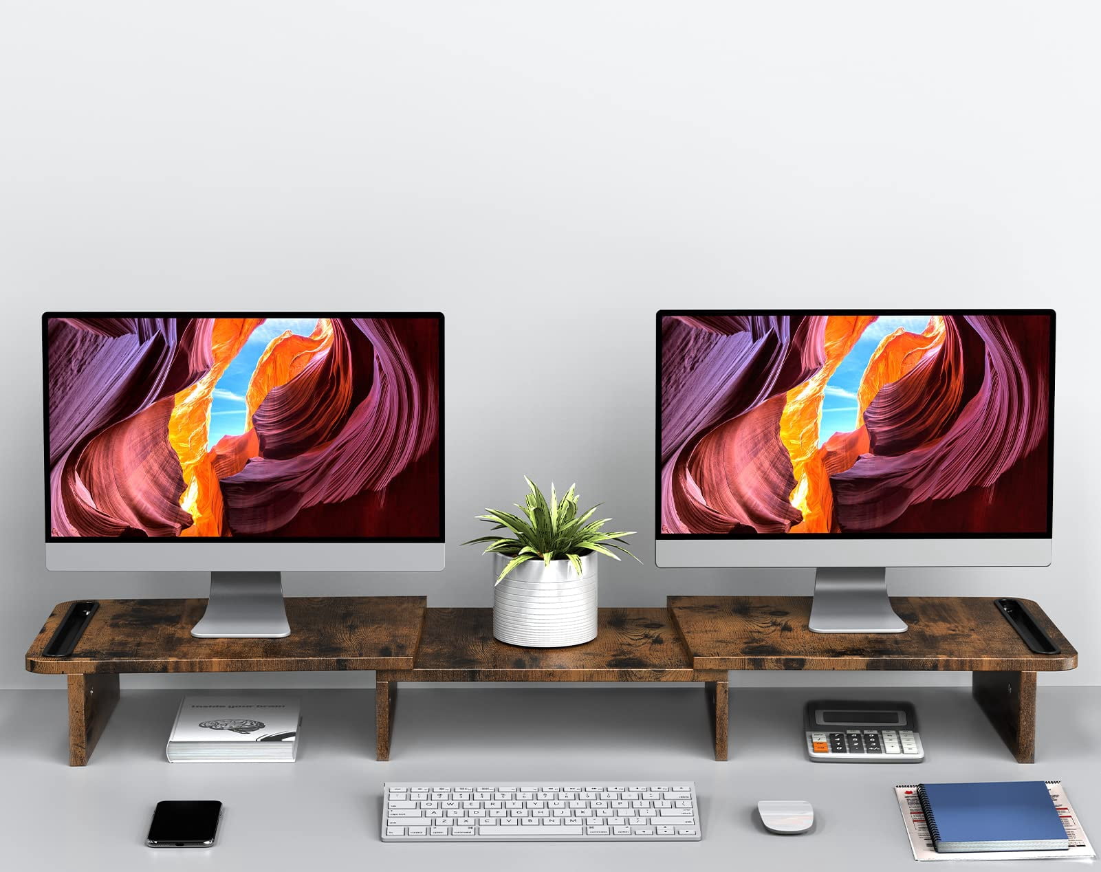 Dual Monitor Stand Riser  With Adjustable Length And Angle Wood For Desk 2 Monitors Storage Space(rust Brown Large)