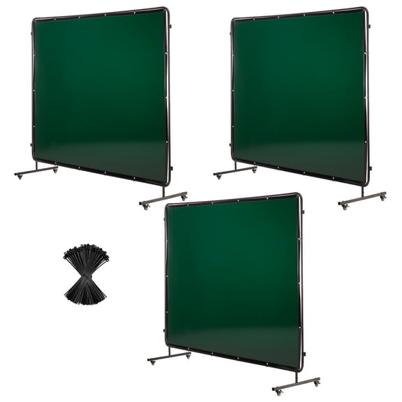 KFFKFF Welding Screen with Frame, 3-Panel 6 x 8 FT Flame-Resistant Vinyl Safety Screen, Equipped with 12 Wheels & 6-Level UV Protection for Workshop and Industrial Applications, Dark Green
