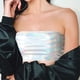 thumbnail image 3 of Traje de escenario con top de tubo sin tirantes brillante para mujer, traje de actuación con parte superior de tubo de color sólido de charol con pecho envuelto, 3 of 8