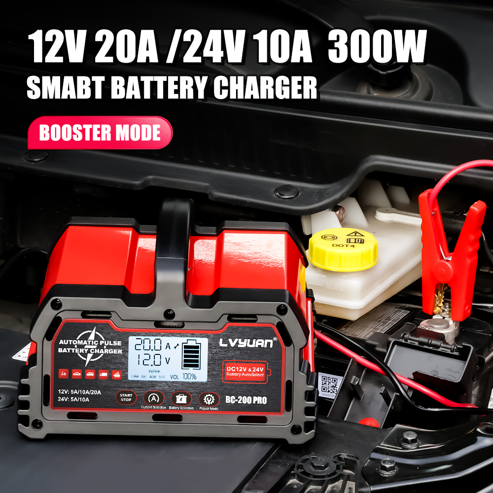 LVYUAN 20A 12V/24V Automotive Battery Charger Float & Trickle Battery Charger Maintainer Desulfator for Car, Truck, Motorcycle, lawn mower, LiFePO4 & Lead-Acid Batteries