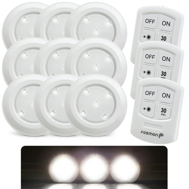 Fosmon Wireless LED Puck Light 9 Pack with Remote Control, Under Cabinet Lighting for Kitchen Closet Bedroom Bathroom