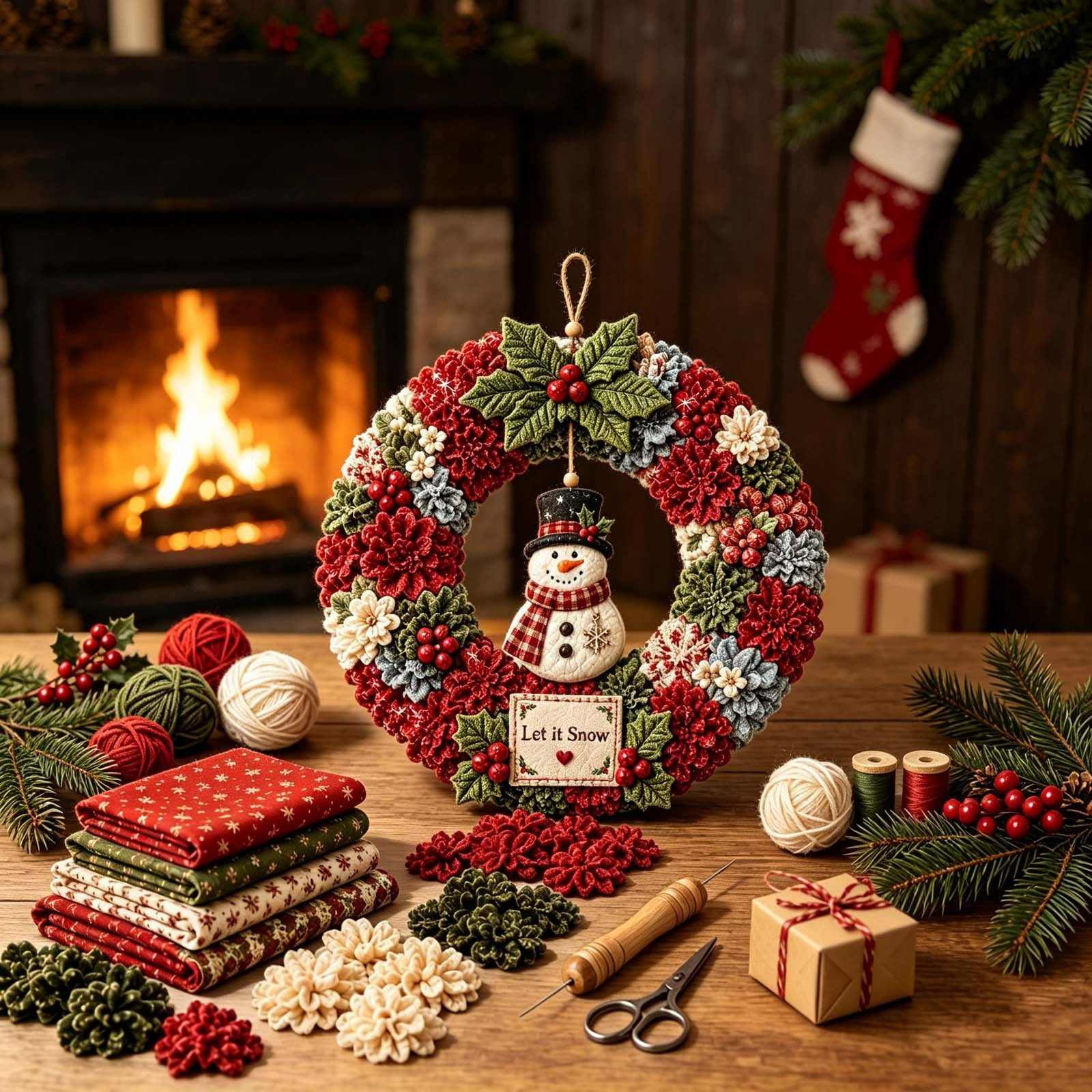 Christmas 3D Fabric Poke Wreath Art DIY Kit for Adults, Snowman