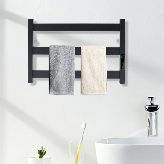 Black 200w Heated Towel Rack - Wall Mounted Towel Warmer for Bathroom, Wide Heating Bar,  Plug-in, Black