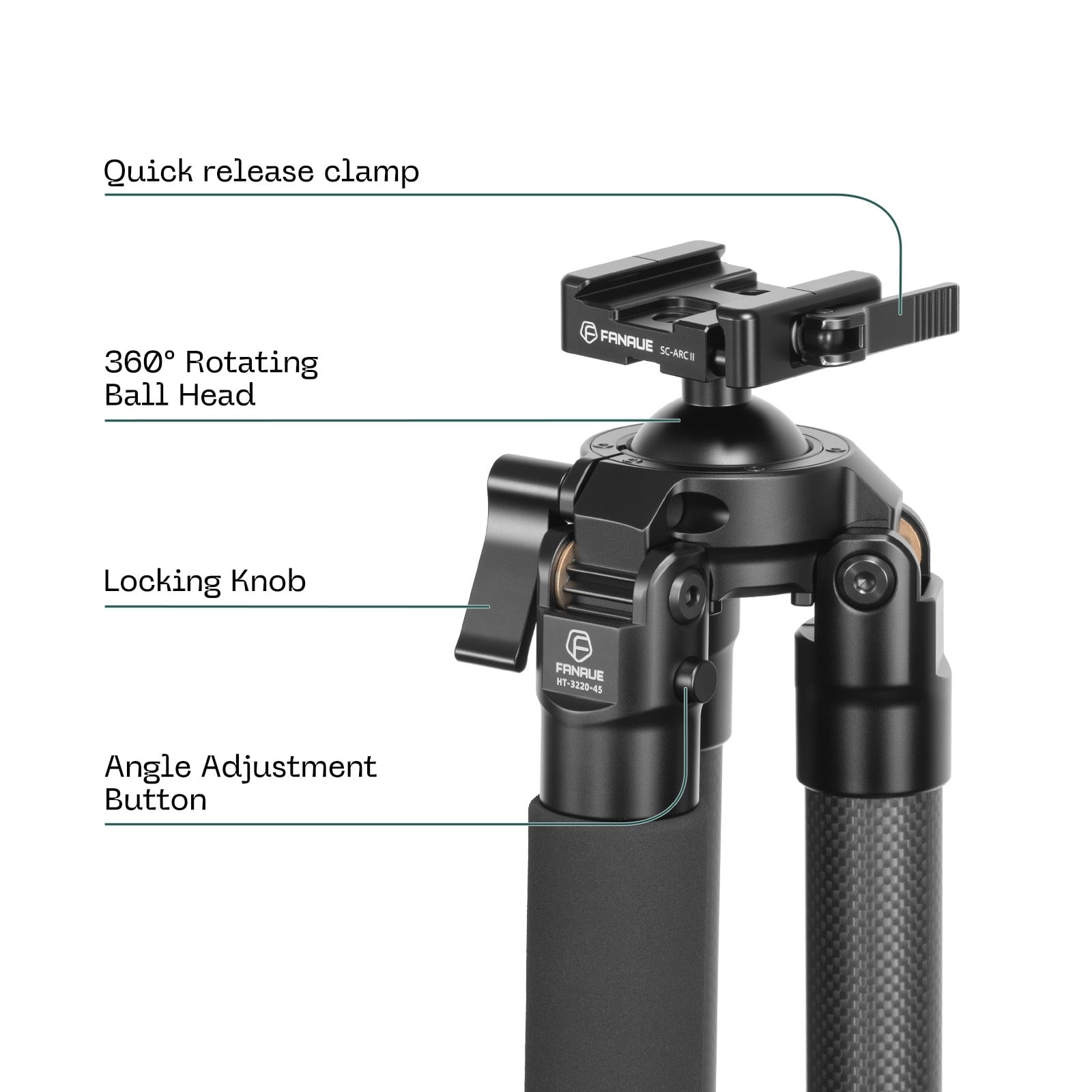 FANAUE Carbon Fiber Tripod with 45mm Ball Head - Lightweight, Sturdy, and Adjustable for Photography, Hunting, and Spotting Scopes HT-3220-45